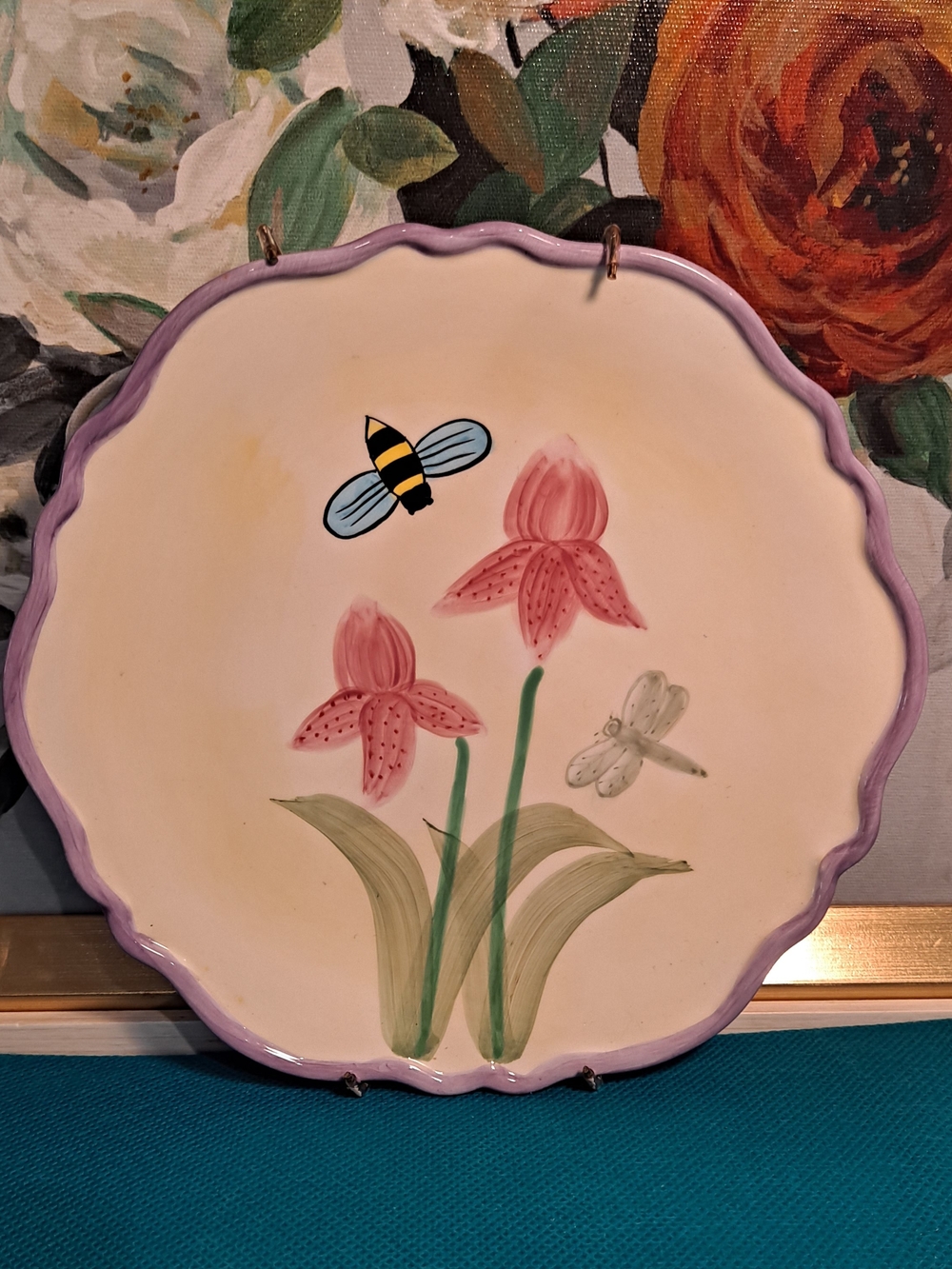 Baum Bros Style Eyes Hand-Painted Floral Ceramic Plate Pink Green Purple Art